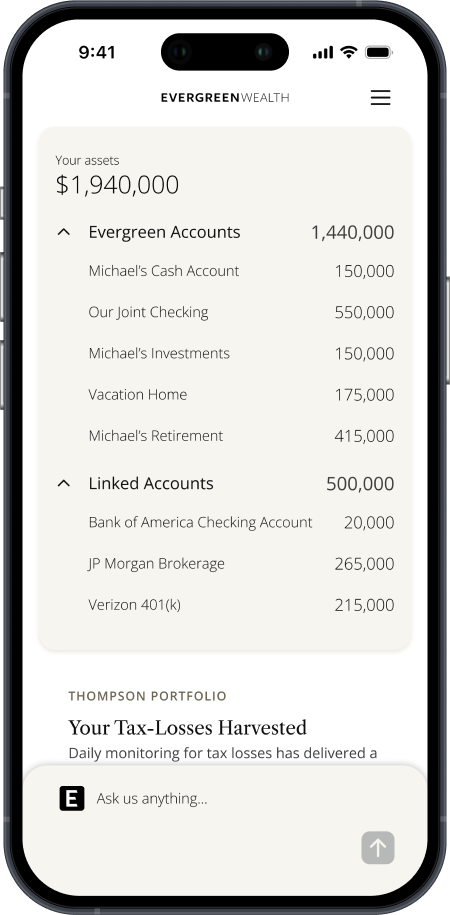 Mobile phone displaying Evergreen Wealth app