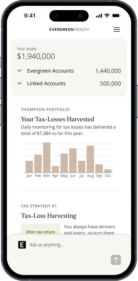Mobile phone displaying Evergreen Wealth app