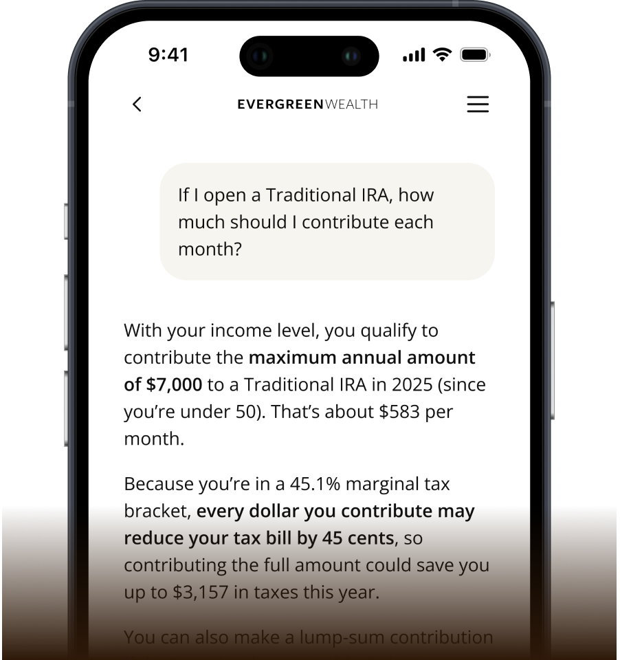 Smartphone showing the Evergreen Intelligence section of the Evergreen Wealth app which give you the ability to ask a financial question and get a personalized answer