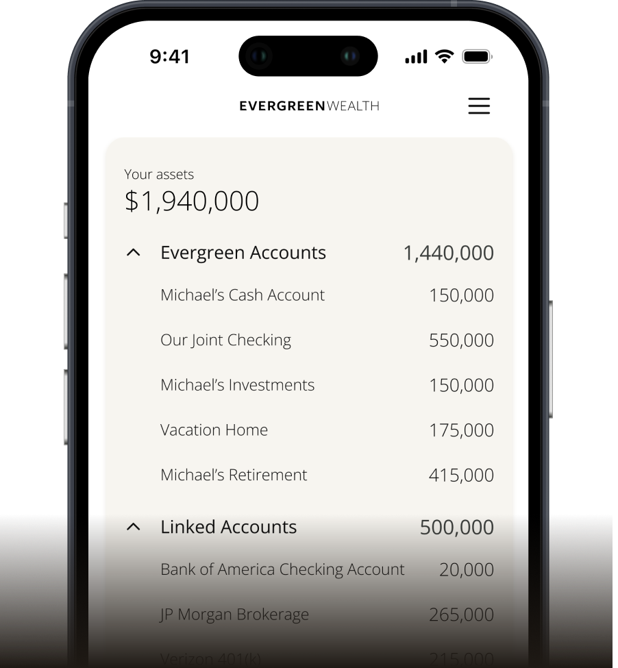 Smartphone showing the Your Money section of the Evergreen Wealth app, a unified financial view of wealth accounts