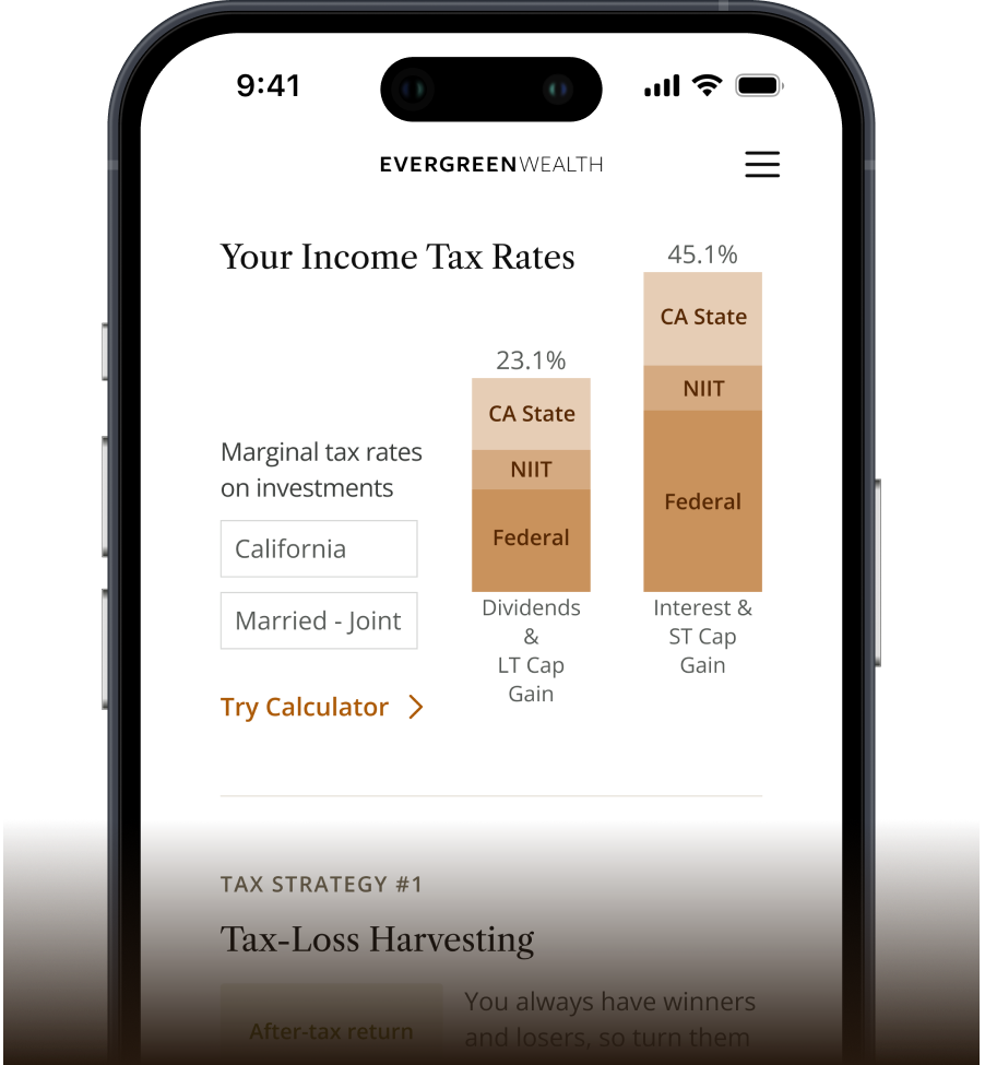 Smartphone displaying the insights section of the Evergreen Wealth app, guidance tailored to you