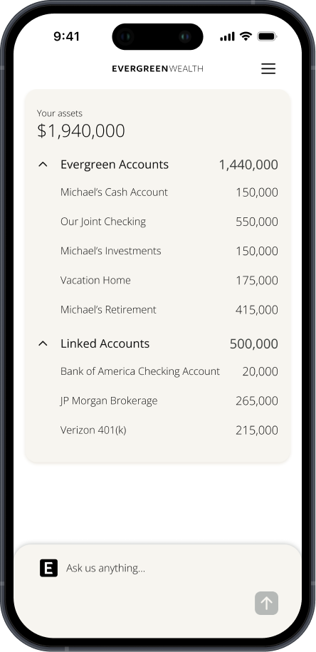 Mobile phone displaying Evergreen Wealth app