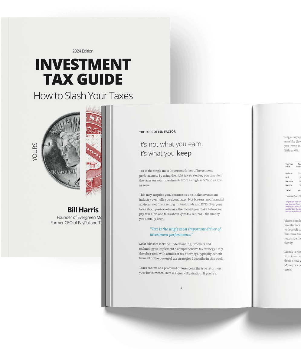 The Investment Tax Guide book cover written by Bill Harris, Evergreen Wealth’s founder and CEO